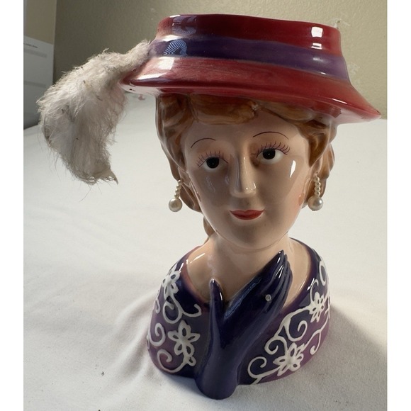 Lefton Other - Lefton Head Vase 8 Inch Lady Porcelain Feather Hat Earrings